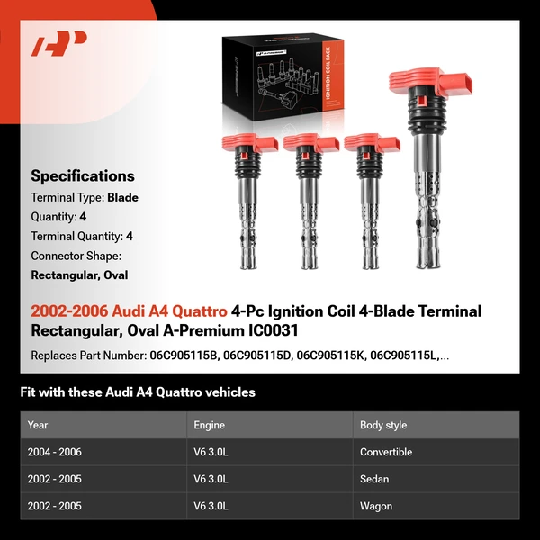 2002-2006 Audi A4 Quattro 4-Pc Ignition Coil 4-Blade Terminal Rectangular, Oval A-Premium IC0031