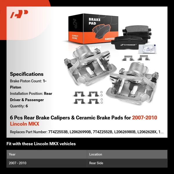 6 Pcs Rear Brake Calipers & Ceramic Brake Pads for 2007-2010 Lincoln MKX