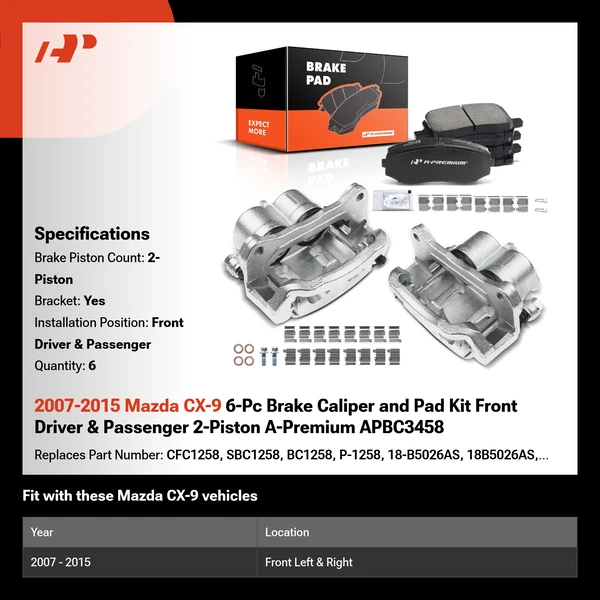 2007-2015 Mazda CX-9 6-Pc Brake Caliper and Pad Kit Front Driver & Passenger 2-Piston A-Premium APBC3458