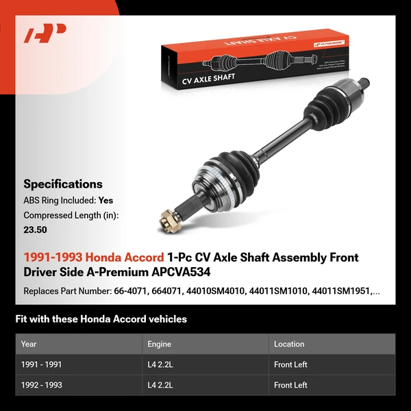 1991-1993 Honda Accord 1-Pc CV Axle Shaft Assembly Front Driver Side A-Premium APCVA534