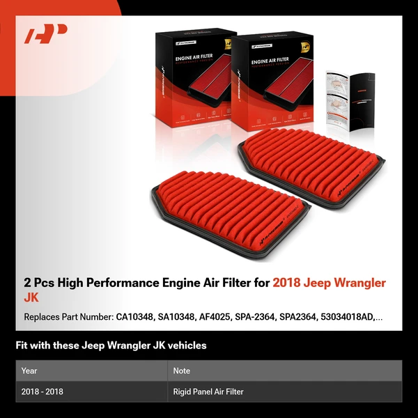 2 Pcs High Performance Engine Air Filter for 2018 Jeep Wrangler JK