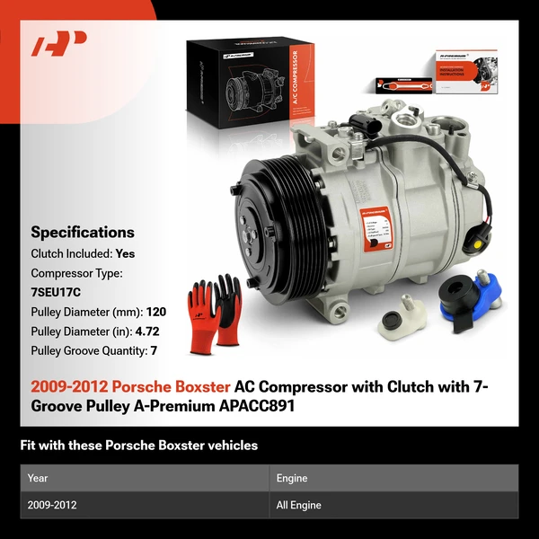 2009-2012 Porsche Boxster AC Compressor with Clutch with 7-Groove Pulley A-Premium APACC891