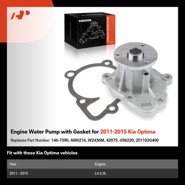 Engine Water Pump with Gasket for 2011-2015 Kia Optima