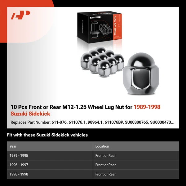 10 Pcs Front or Rear M12-1.25 Wheel Lug Nut for 1989-1998 Suzuki Sidekick