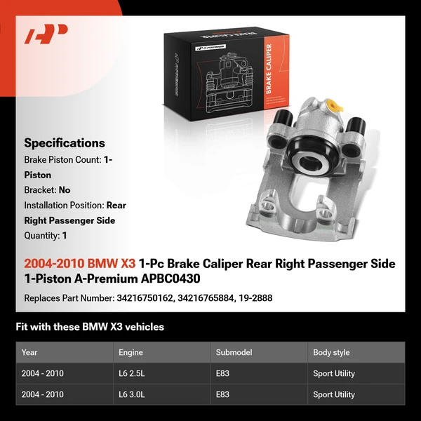 2004-2010 BMW X3 1-Pc Brake Caliper Rear Right Passenger Side 1-Piston A-Premium APBC0430