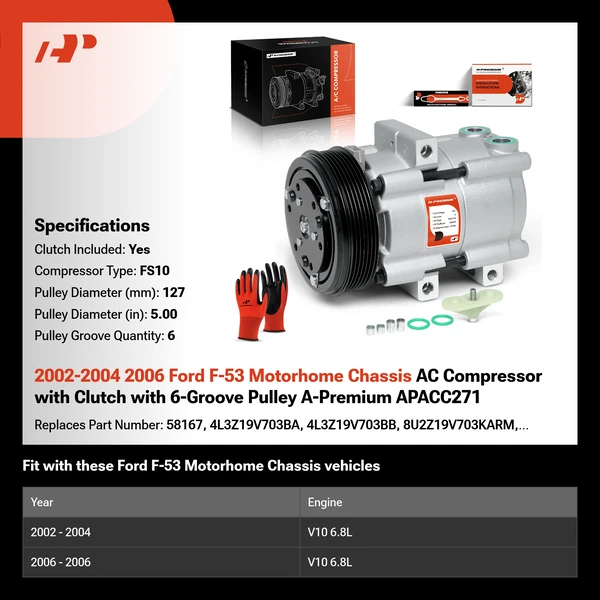 2002-2004 2006 Ford F-53 Motorhome Chassis AC Compressor with Clutch with 6-Groove Pulley A-Premium APACC271