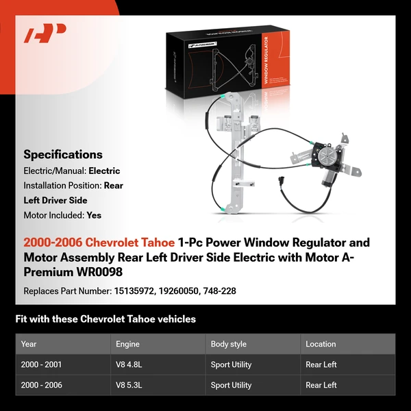 2000-2006 Chevrolet Tahoe 1-Pc Power Window Regulator and Motor Assembly Rear Left Driver Side Electric with Motor A-Premium WR0098