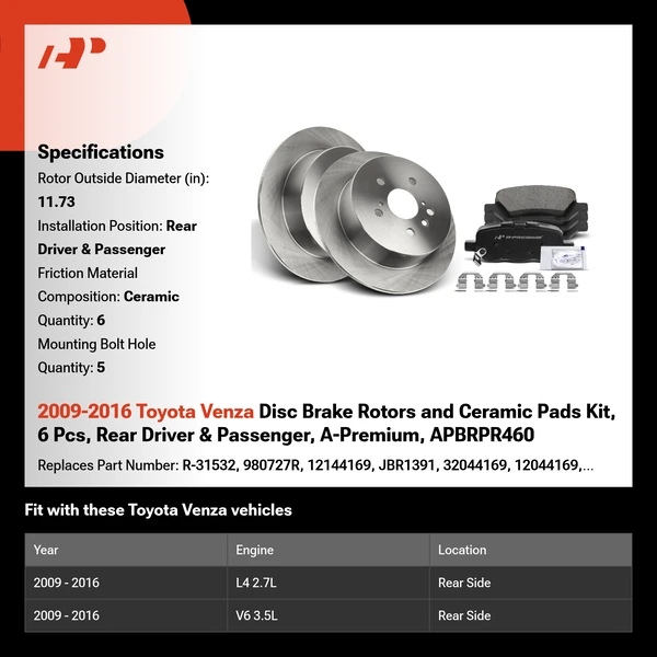 2009-2016 Toyota Venza Disc Brake Rotors and Ceramic Pads Kit, 6 Pcs, Rear Driver & Passenger, A-Premium, APBRPR460