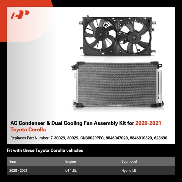 AC Condenser & Dual Cooling Fan Assembly Kit for 2020-2021 Toyota Corolla