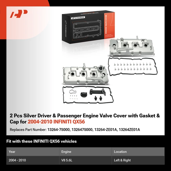 2 Pcs Silver Driver & Passenger Engine Valve Cover with Gasket & Cap for 2004-2010 INFINITI QX56