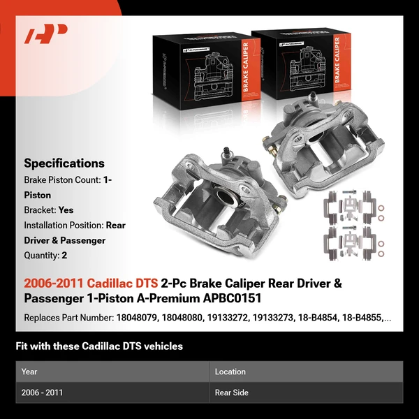2006-2011 Cadillac DTS 2-Pc Brake Caliper Rear Driver & Passenger 1-Piston A-Premium APBC0151