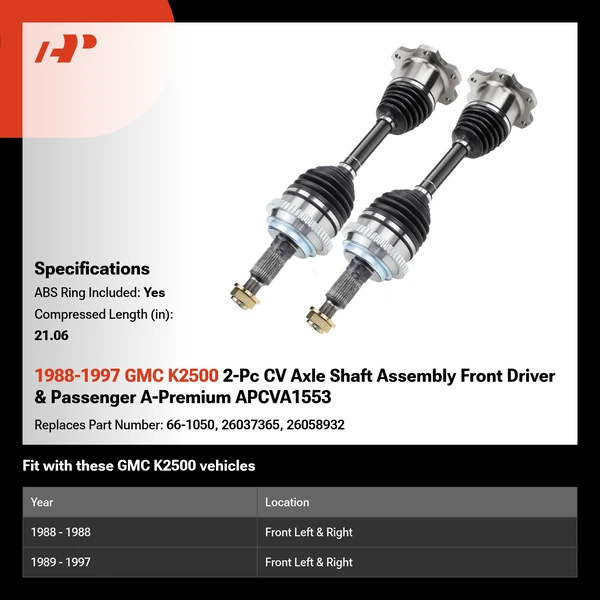 1988-1997 GMC K2500 2-Pc CV Axle Shaft Assembly Front Driver & Passenger A-Premium APCVA1553