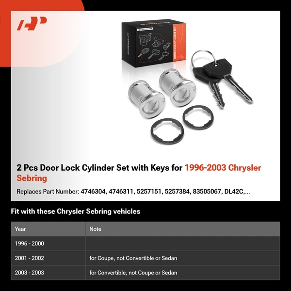 2 Pcs Door Lock Cylinder Set with Keys for 1996-2003 Chrysler Sebring