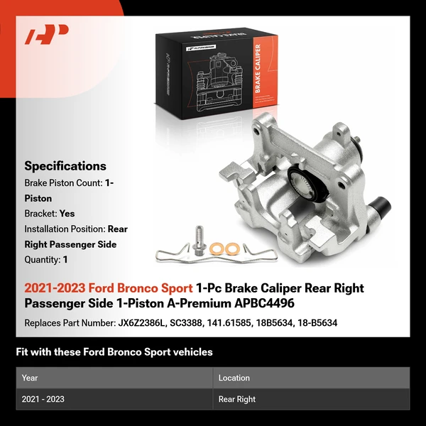 2021-2023 Ford Bronco Sport 1-Pc Brake Caliper Rear Right Passenger Side 1-Piston A-Premium APBC4496