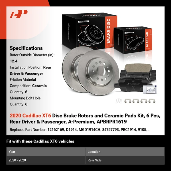 2020 Cadillac XT6 Disc Brake Rotors and Ceramic Pads Kit, 6 Pcs, Rear Driver & Passenger, A-Premium, APBRPR1619