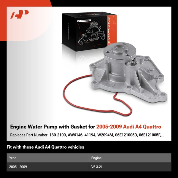 Engine Water Pump with Gasket for 2005-2009 Audi A4 Quattro