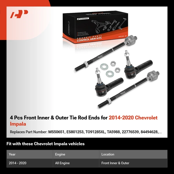 4 Pcs Front Inner & Outer Tie Rod Ends for 2014-2020 Chevrolet Impala