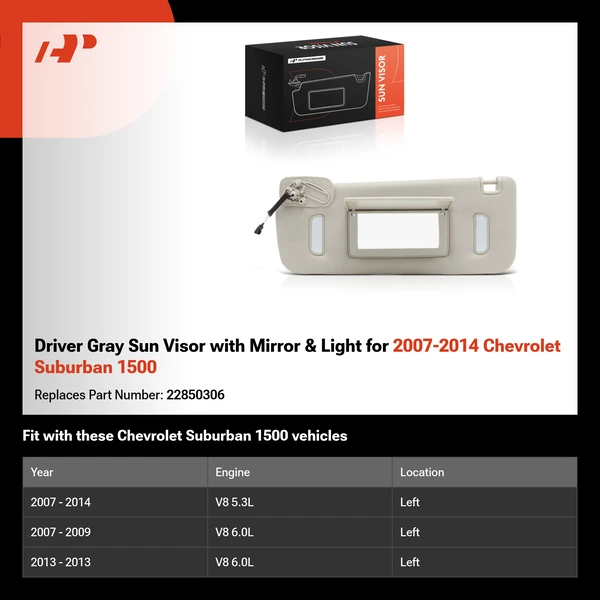 Driver Gray Sun Visor with Mirror & Light for 2007-2014 Chevrolet Suburban 1500