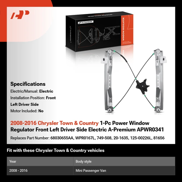 2008-2016 Chrysler Town & Country 1-Pc Power Window Regulator Front Left Driver Side Electric A-Premium APWR0341