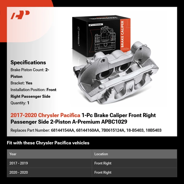 2017-2020 Chrysler Pacifica 1-Pc Brake Caliper Front Right Passenger Side 2-Piston A-Premium APBC1029