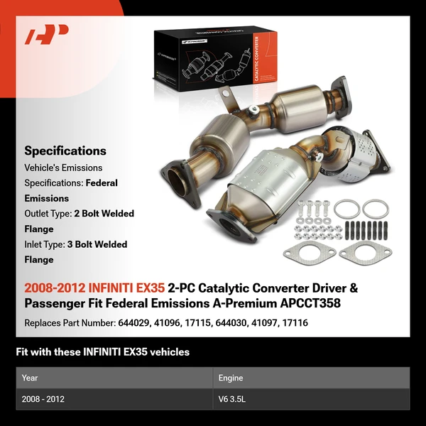 2008-2012 INFINITI EX35 2-PC Catalytic Converter Driver & Passenger Fit Federal Emissions A-Premium APCCT358