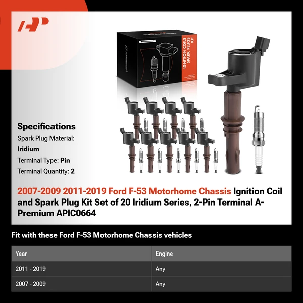 2007-2009 2011-2019 Ford F-53 Motorhome Chassis Ignition Coil and Spark Plug Kit Set of 20 Iridium Series, 2-Pin Terminal A-Premium APIC0664