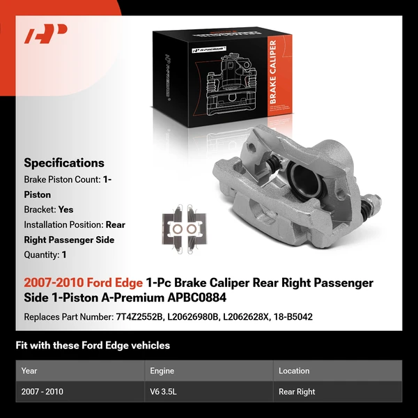 2007-2010 Ford Edge 1-Pc Brake Caliper Rear Right Passenger Side 1-Piston A-Premium APBC0884