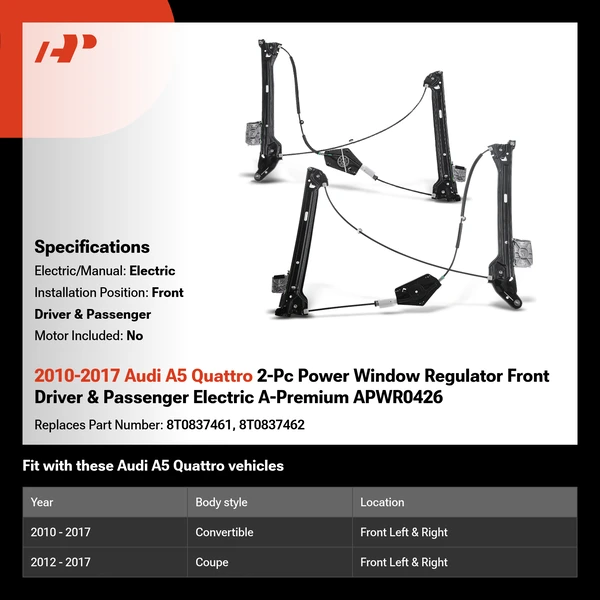 2010-2017 Audi A5 Quattro 2-Pc Power Window Regulator Front Driver & Passenger Electric A-Premium APWR0426
