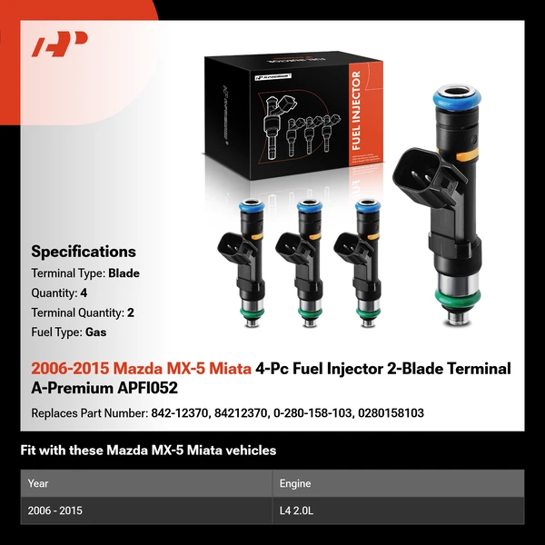 2006-2015 Mazda MX-5 Miata 4-Pc Fuel Injector 2-Blade Terminal A-Premium APFI052