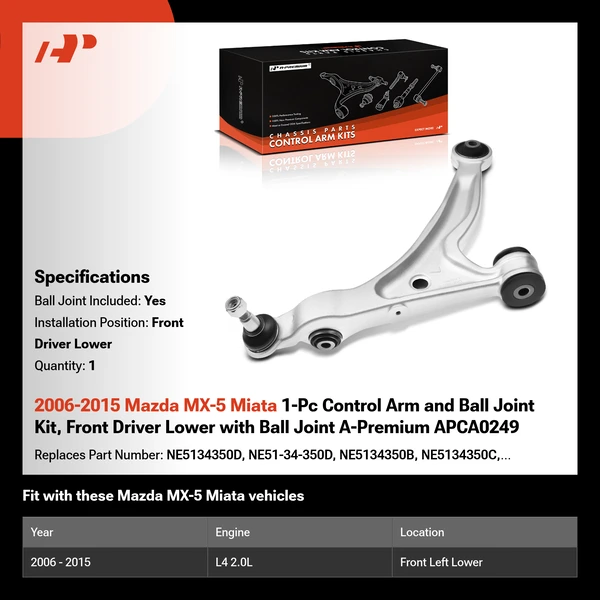 2006-2015 Mazda MX-5 Miata 1-Pc Control Arm and Ball Joint Kit, Front Driver Lower with Ball Joint A-Premium APCA0249