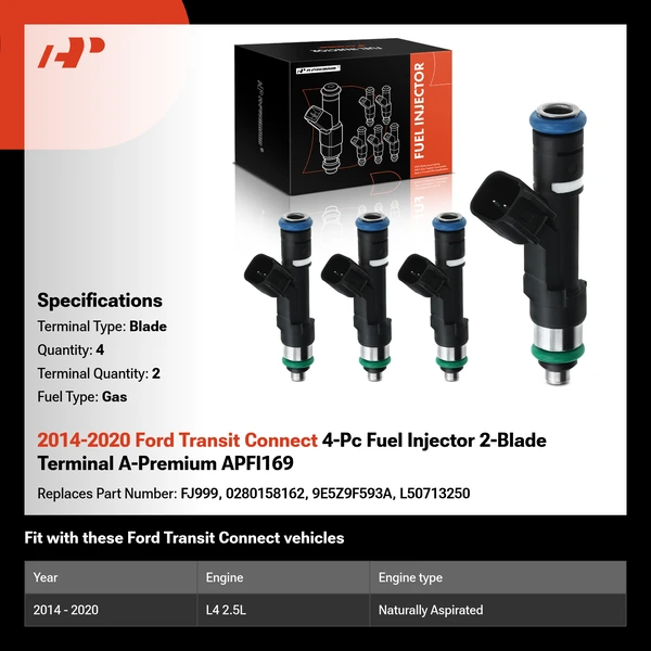 2014-2020 Ford Transit Connect 4-Pc Fuel Injector 2-Blade Terminal A-Premium APFI169
