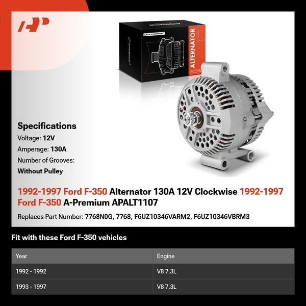 1992-1997 Ford F-350 Alternator 130A 12V Clockwise 1992-1997 Ford F-350 A-Premium APALT1107