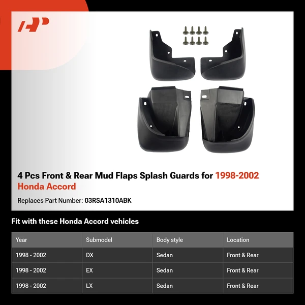 4 Pcs Front & Rear Mud Flaps Splash Guards for 1998-2002 Honda Accord