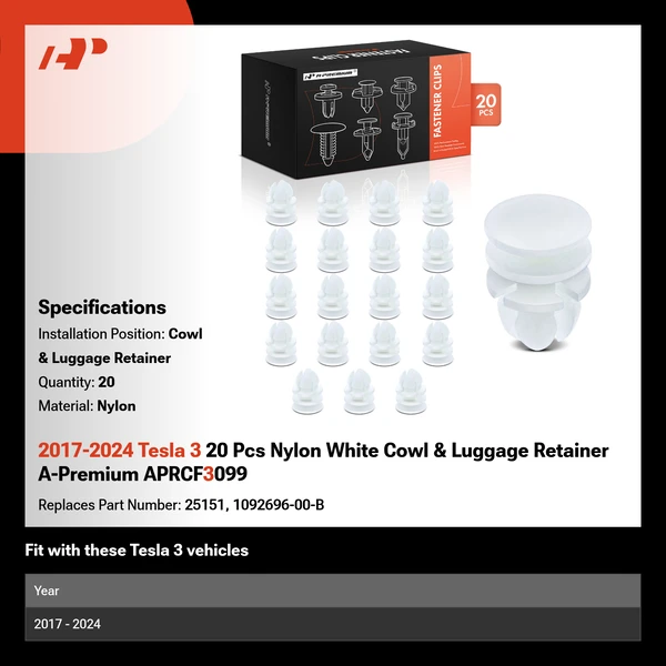 2017-2024 Tesla 3 20 Pcs Nylon White Cowl & Luggage Retainer A-Premium APRCF3099