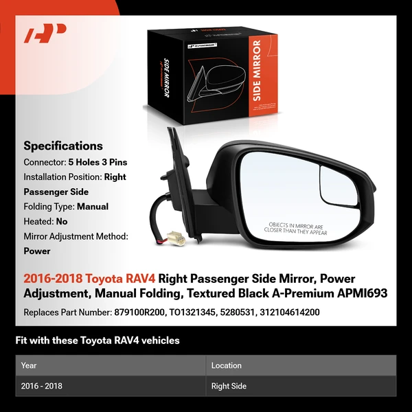2016-2018 Toyota RAV4 Right Passenger Side Mirror, Power Adjustment, Manual Folding, Textured Black A-Premium APMI693