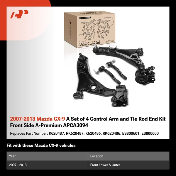 2007-2013 Mazda CX-9 A Set of 4 Control Arm and Tie Rod End Kit Front Side A-Premium APCA3094