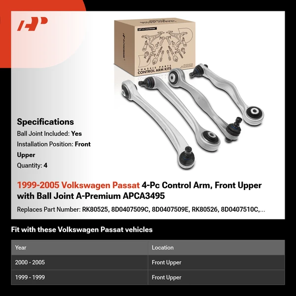 1999-2005 Volkswagen Passat 4-Pc Control Arm, Front Upper with Ball Joint A-Premium APCA3495