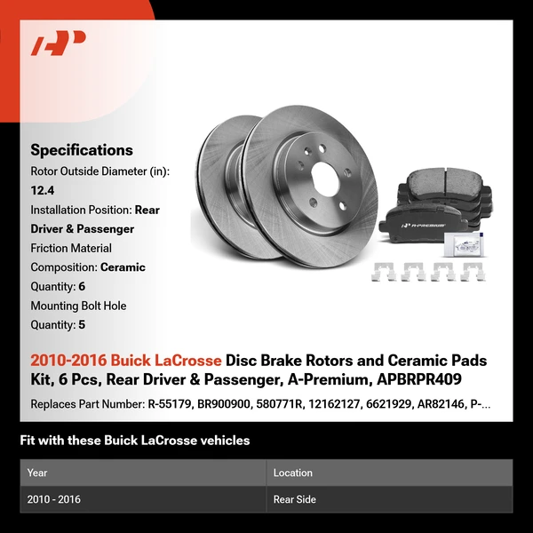 2010-2016 Buick LaCrosse Disc Brake Rotors and Ceramic Pads Kit, 6 Pcs, Rear Driver & Passenger, A-Premium, APBRPR409
