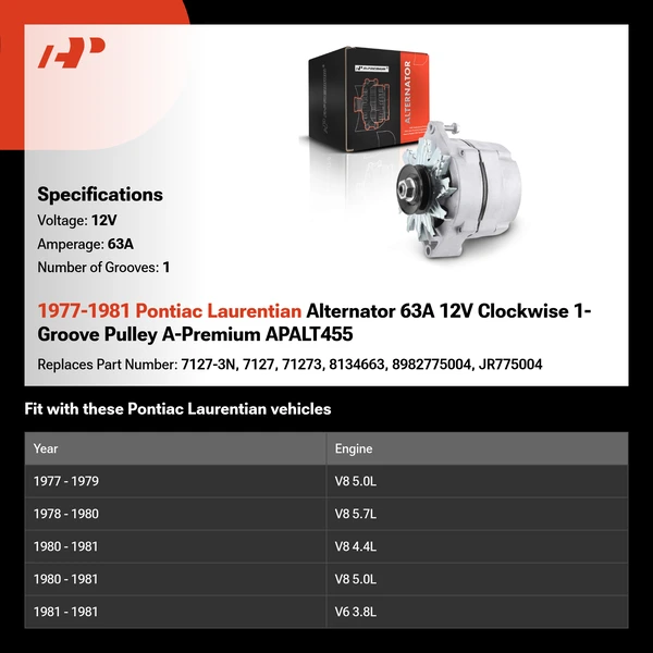 1977-1981 Pontiac Laurentian Alternator 63A 12V Clockwise 1-Groove Pulley A-Premium APALT455