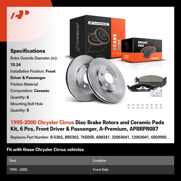 1995-2000 Chrysler Cirrus Disc Brake Rotors and Ceramic Pads Kit, 6 Pcs, Front Driver & Passenger, A-Premium, APBRPR087