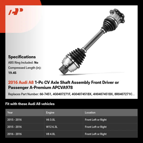 2016 Audi A8 1-Pc CV Axle Shaft Assembly Front Driver or Passenger A-Premium APCVA978