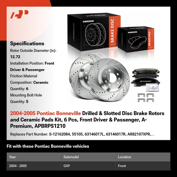 2004-2005 Pontiac Bonneville Drilled & Slotted Disc Brake Rotors and Ceramic Pads Kit, 6 Pcs, Front Driver & Passenger, A-Premium, APBRPS1210