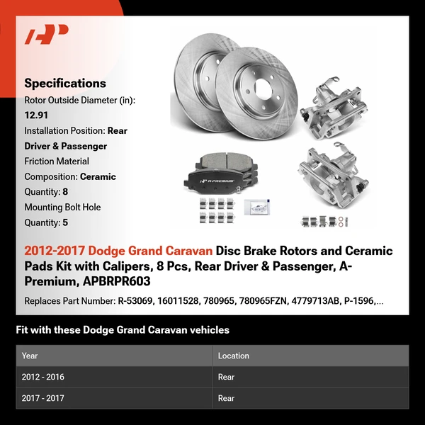 2012-2017 Dodge Grand Caravan Disc Brake Rotors and Ceramic Pads Kit with Calipers, 8 Pcs, Rear Driver & Passenger, A-Premium, APBRPR603
