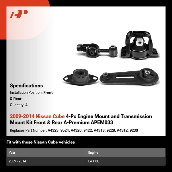 2009-2014 Nissan Cube 4-Pc Engine Mount and Transmission Mount Kit Front & Rear A-Premium APEM033
