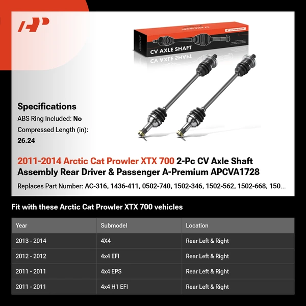 2011-2014 Arctic Cat Prowler XTX 700 2-Pc CV Axle Shaft Assembly Rear Driver & Passenger A-Premium APCVA1728