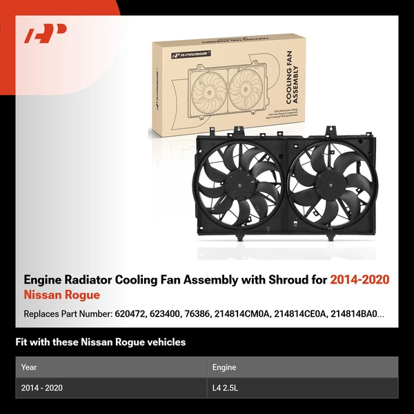 Engine Radiator Cooling Fan Assembly with Shroud for 2014-2020 Nissan Rogue