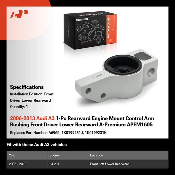 2006-2013 Audi A3 1-Pc Rearward Engine Mount Control Arm Bushing Front Driver Lower Rearward A-Premium APEM1605