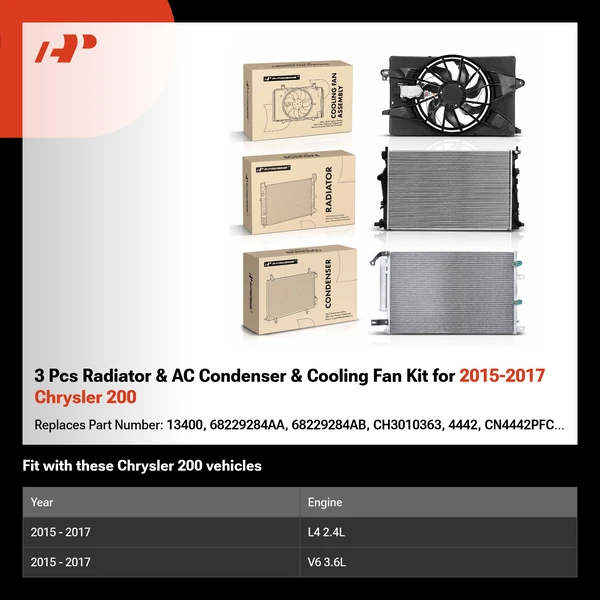 3 Pcs Radiator & AC Condenser & Cooling Fan Kit for 2015-2017 Chrysler 200