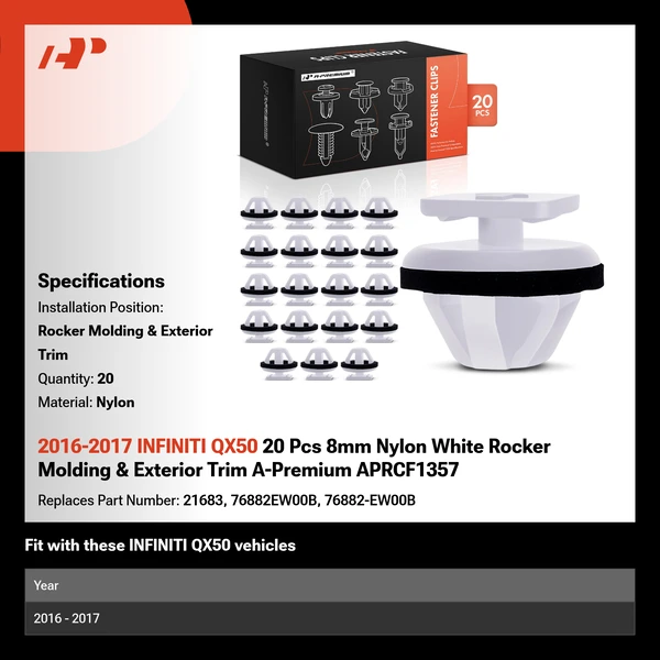 2016-2017 INFINITI QX50 20 Pcs 8mm Nylon White Rocker Molding & Exterior Trim A-Premium APRCF1357