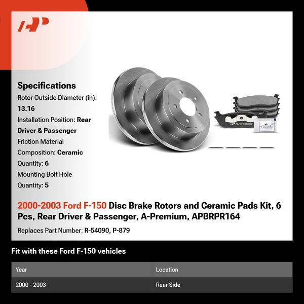 2000-2003 Ford F-150 Disc Brake Rotors and Ceramic Pads Kit, 6 Pcs, Rear Driver & Passenger, A-Premium, APBRPR164